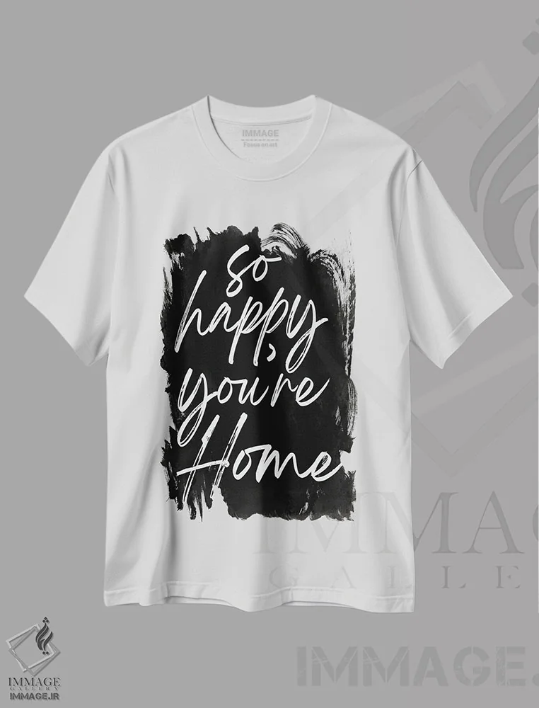 تیشرت سفید طرح دار خیلی خوشحالم که خانه ای، هنر تزئینی سیاه و سفید اثر لولا بیژو و کمپانی | فروشگاه ایماژ