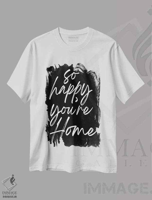 تیشرت سفید طرح دار خیلی خوشحالم که خانه ای، هنر تزئینی سیاه و سفید اثر لولا بیژو و کمپانی | فروشگاه ایماژ