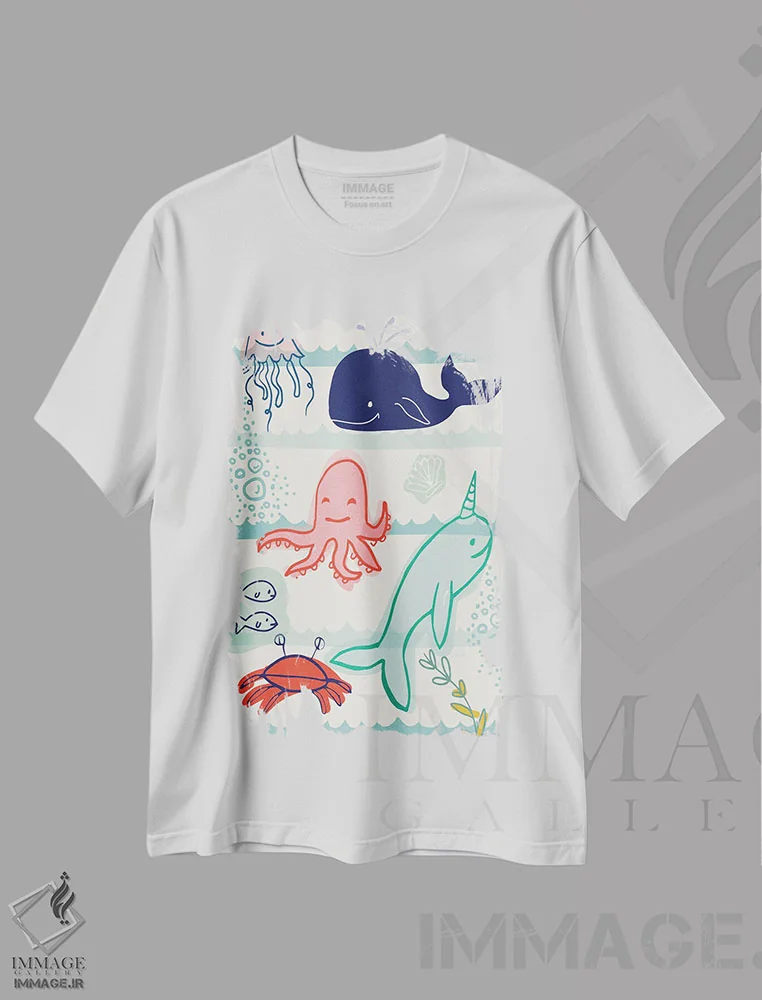 تیشرت سفید طرح دار جانوران دریایی، هنر دیجیتال اثر لولا بیژو و کمپانی | فروشگاه ایماژ
