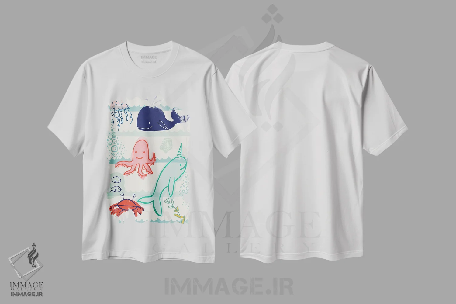 تیشرت سفید طرح دار جانوران دریایی، هنر دیجیتال اثر لولا بیژو و کمپانی | فروشگاه ایماژ