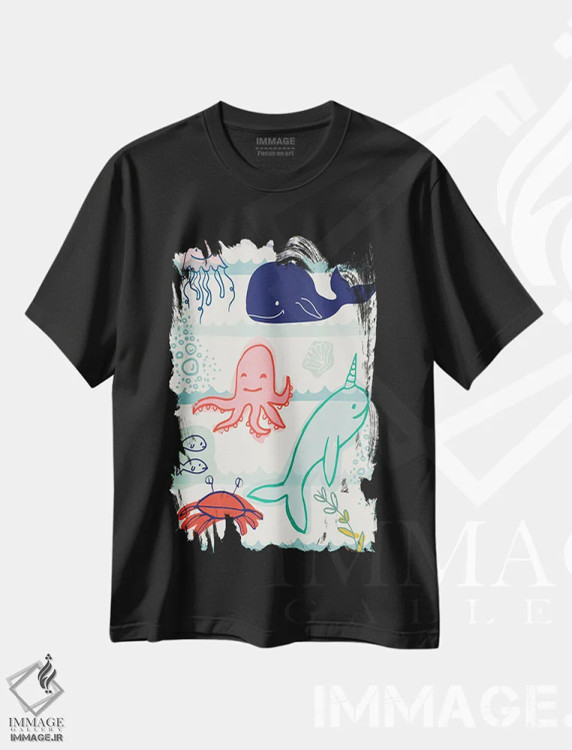 تیشرت مشکی طرح دار جانوران دریایی، هنر دیجیتال اثر لولا بیژو و کمپانی | immage.ir