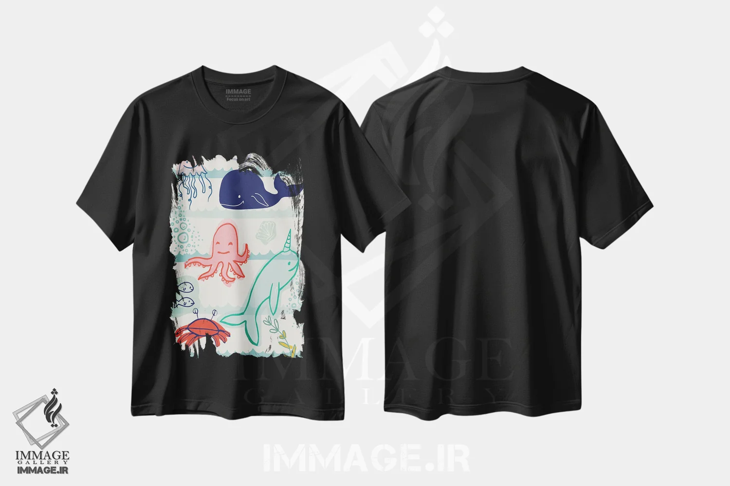 تیشرت مشکی طرح دار جانوران دریایی، هنر دیجیتال اثر لولا بیژو و کمپانی | immage.ir