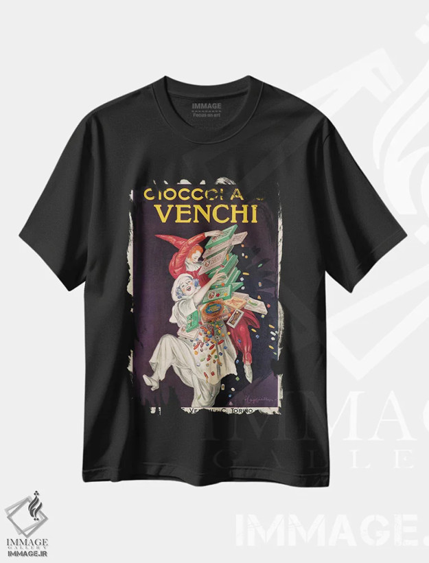 تیشرت مشکی طرح دار شکلات ونکی، تابلو و عبار ت های کریسمسی اثر لئونتو کاپیلو | فروشگاه ایماژ