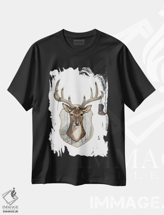 تیشرت مشکی طرح دار شاخ گوزن، دکور روستایی اثر لوکا شپرد | فروشگاه ایماژ