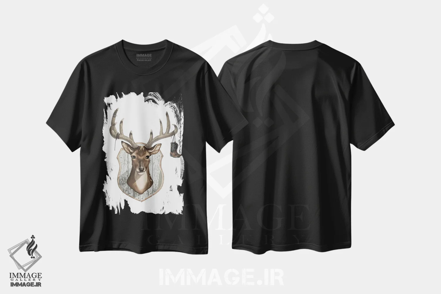 تیشرت مشکی طرح دار شاخ گوزن، دکور روستایی اثر لوکا شپرد | فروشگاه ایماژ