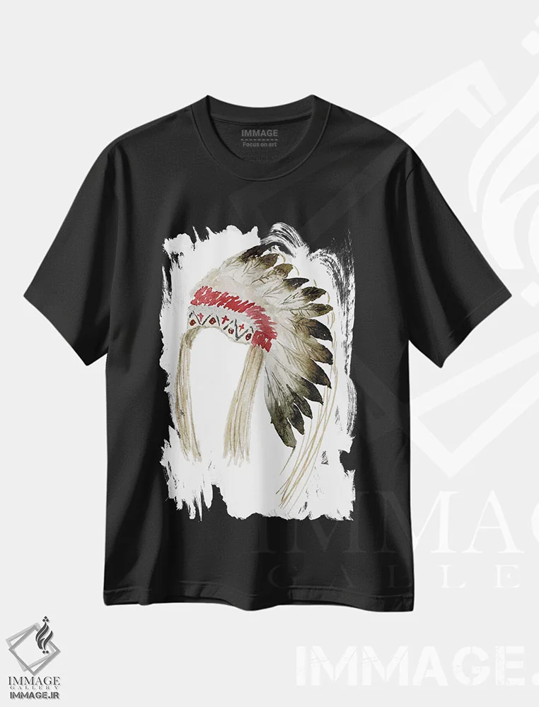 تیشرت مشکی طرح دار کلاه پر بومیان آمریکا، تزئینی اثر لوسیل پرایس | immage.ir