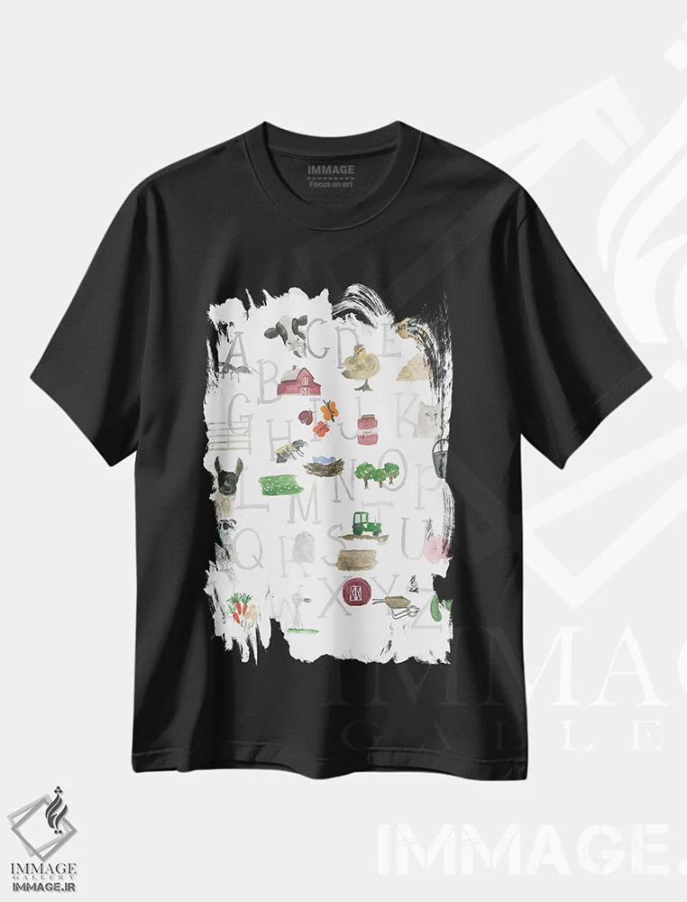 تیشرت مشکی طرح دار الفبای مزرعه، دکور روستایی اثر لوسیل پرایس | فروشگاه ایماژ