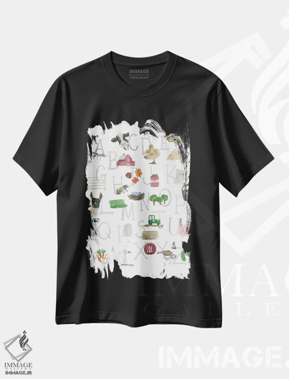 تیشرت مشکی طرح دار الفبای مزرعه، دکور روستایی اثر لوسیل پرایس | فروشگاه ایماژ