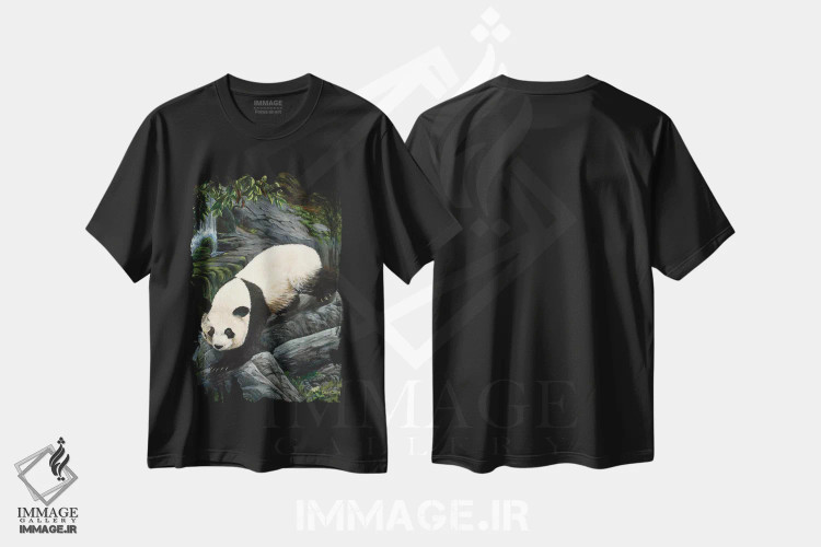 تیشرت مشکی طرح دار پاندای در حال پایین آمدن، مدیوم اثر لورا کرتین | فروشگاه ایماژ