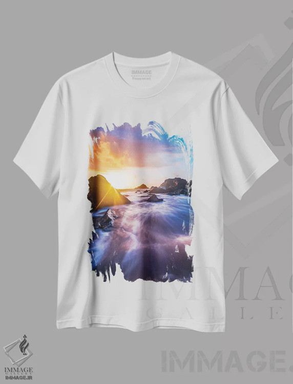 تیشرت سفید طرح دار امواج طلوع خورشید، مدیوم اثر لوکاس مور | immage.ir