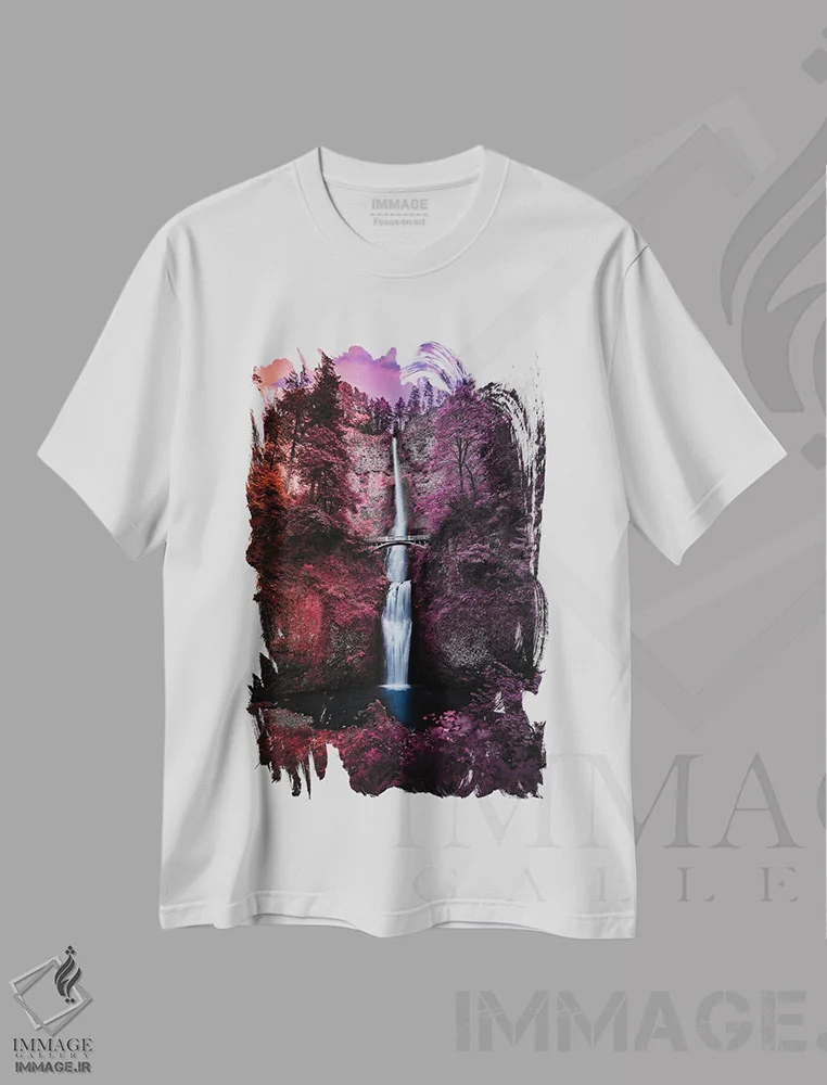 تیشرت سفید طرح دار آبشارهای رنگارنگ، مدیوم اثر لوکاس مور | فروشگاه ایماژ
