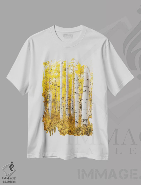 تیشرت سفید طرح دار جنگل زرد، مدیوم اثر لوکاس مور | immage.ir