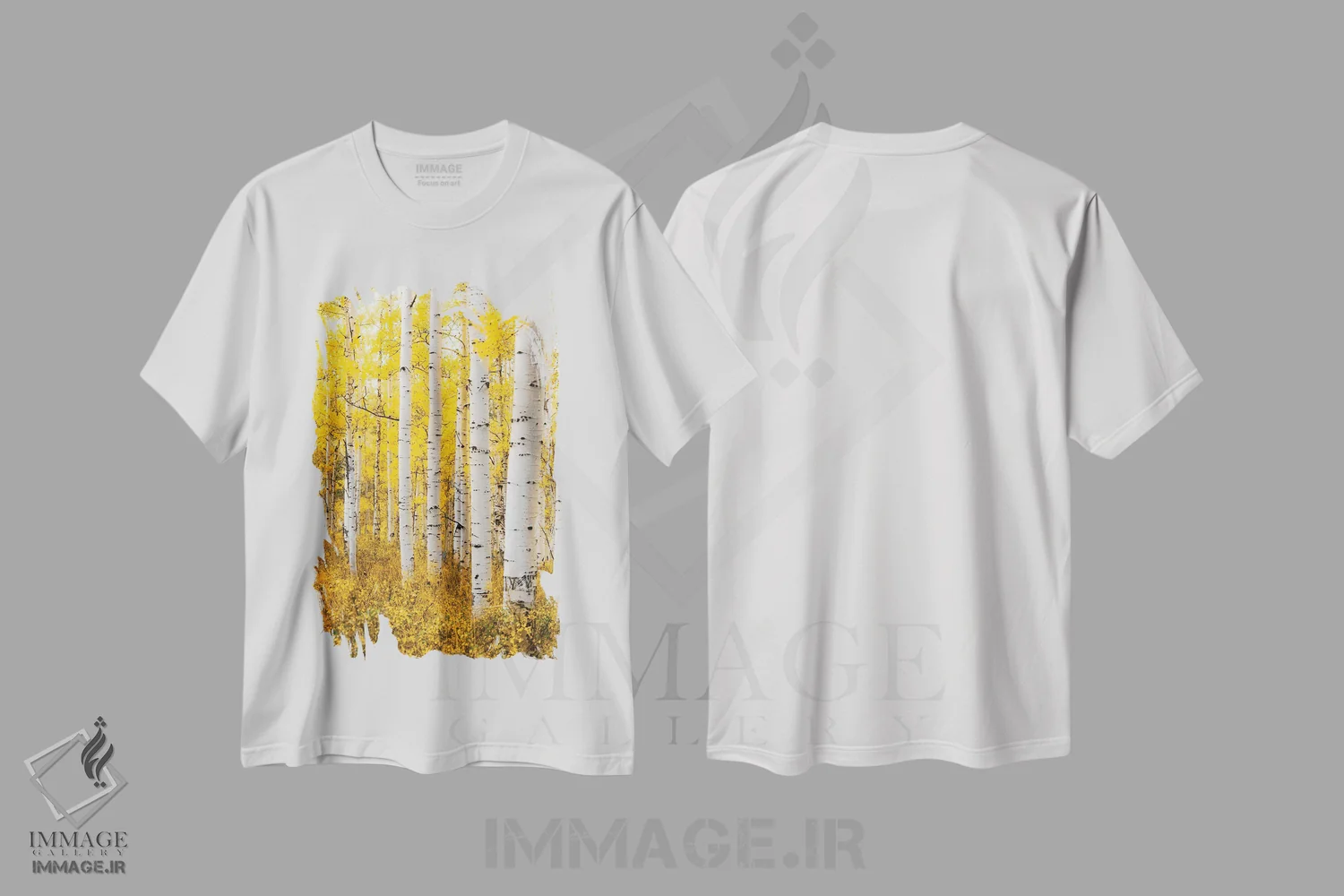 تیشرت سفید طرح دار جنگل زرد، مدیوم اثر لوکاس مور | immage.ir