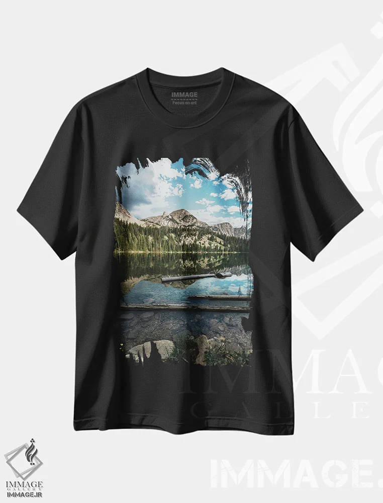 تیشرت مشکی طرح دار بازتاب دریاچه پریان، مدیوم اثر لوکاس مور | فروشگاه ایماژ