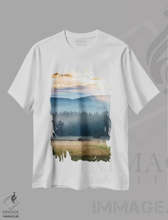تیشرت سفید طرح دار طلوع خورشید بایسون، مدیوم اثر لوکاس مور | immage.ir