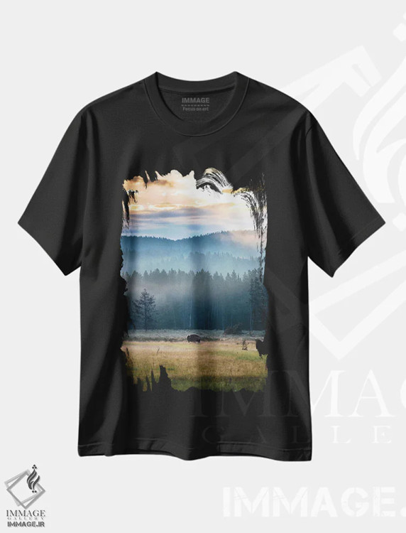 تیشرت مشکی طرح دار طلوع خورشید بایسون، مدیوم اثر لوکاس مور | فروشگاه ایماژ