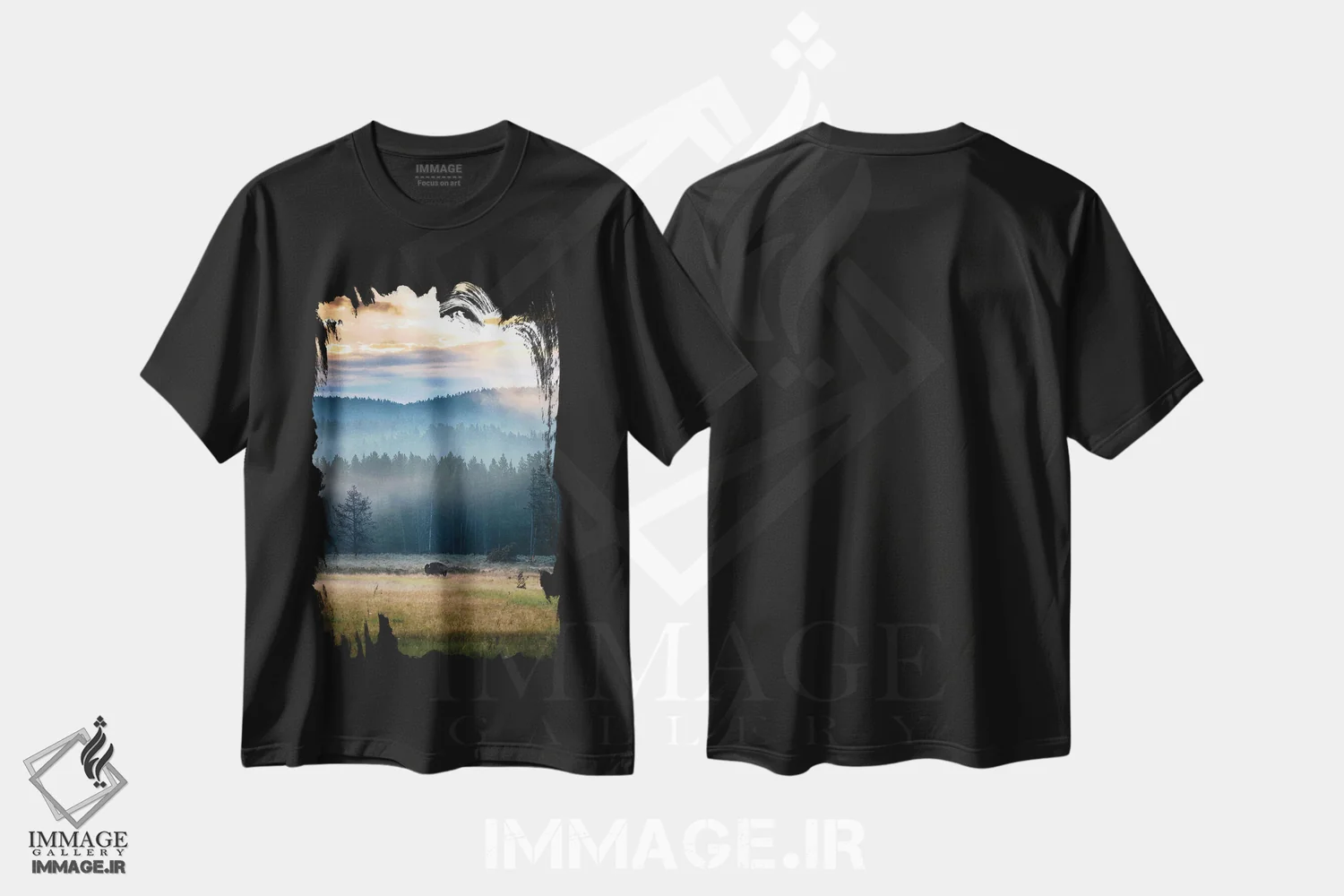 تیشرت مشکی طرح دار طلوع خورشید بایسون، مدیوم اثر لوکاس مور | فروشگاه ایماژ