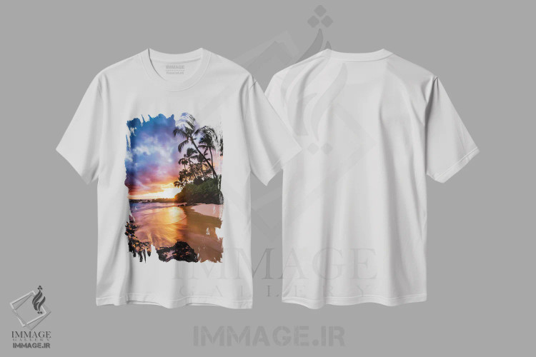 تیشرت سفید طرح دار غروب کنار ساحل، مدیوم اثر لوکاس مور | immage.ir