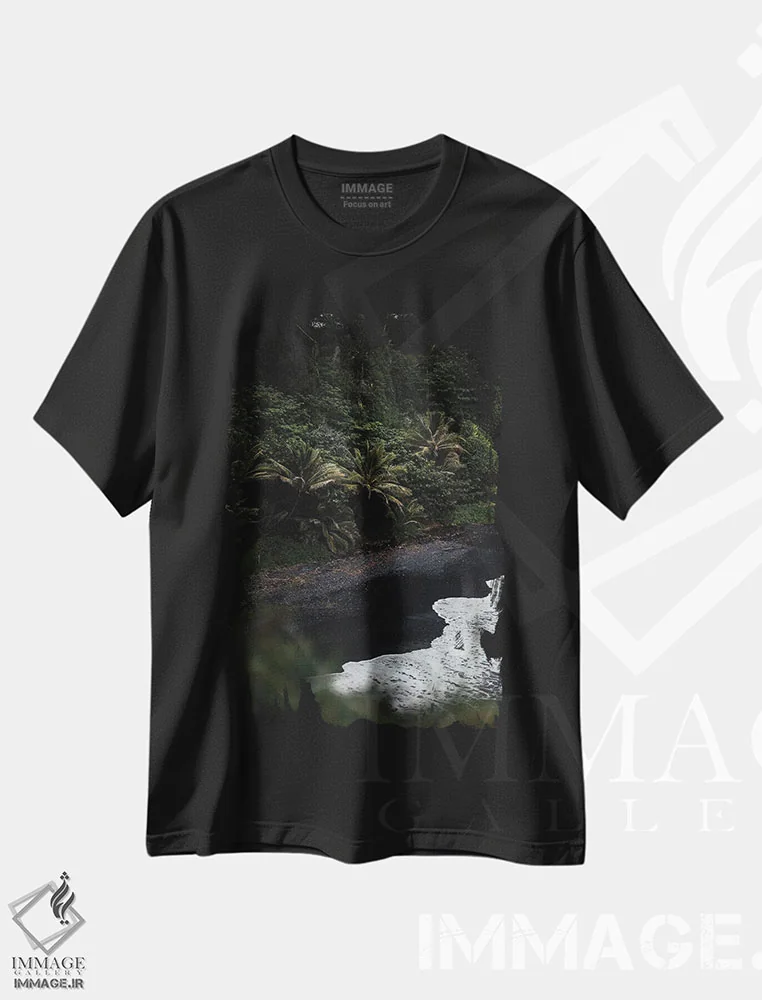 تیشرت مشکی طرح دار نخل های ساحل شنی سیاه، مدیوم اثر لوکاس مور | فروشگاه ایماژ