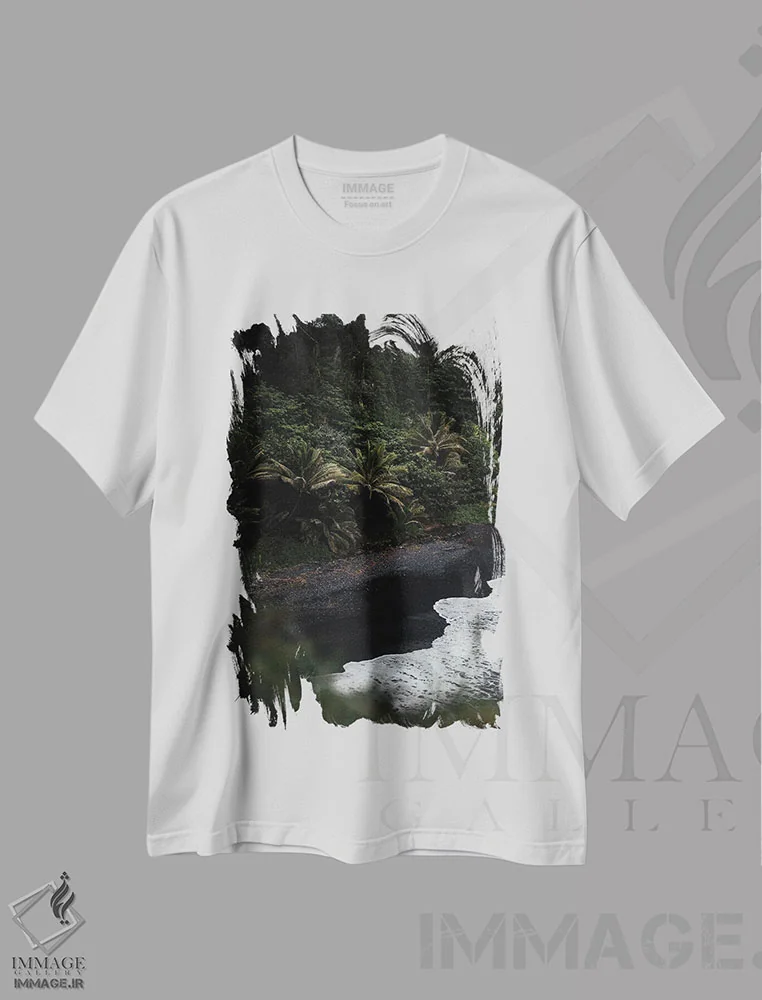 تیشرت سفید طرح دار نخل های ساحل شنی سیاه، مدیوم اثر لوکاس مور | immage.ir