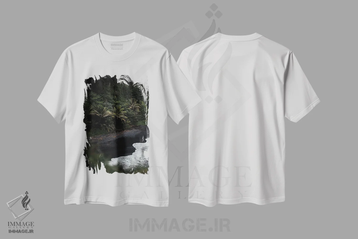 تیشرت سفید طرح دار نخل های ساحل شنی سیاه، مدیوم اثر لوکاس مور | immage.ir