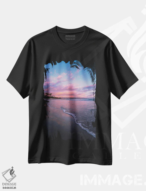 تیشرت مشکی طرح دار طلوع به رنگ پشمک، مدیوم اثر لوکاس مور | immage.ir