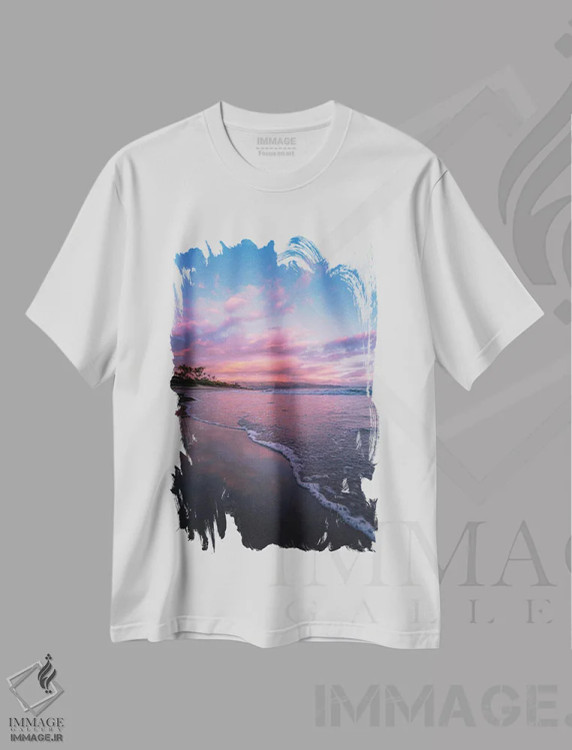 تیشرت سفید طرح دار طلوع به رنگ پشمک، مدیوم اثر لوکاس مور | فروشگاه ایماژ