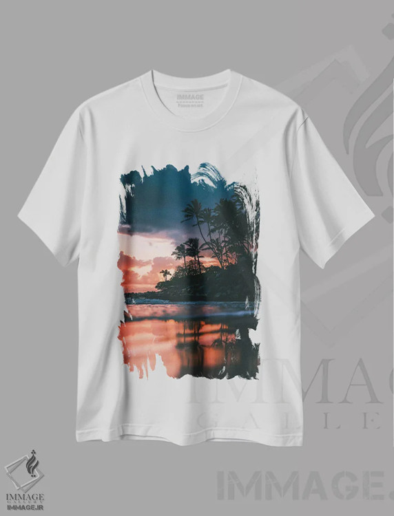تیشرت سفید طرح دار طلوع از ساحل، مدیوم اثر لوکاس مور | immage.ir
