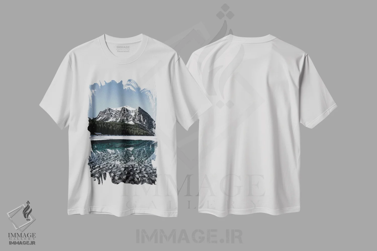 تیشرت سفید طرح دار انعکاس دریاچه لوئیز، مدیوم اثر لوکاس مور | فروشگاه ایماژ
