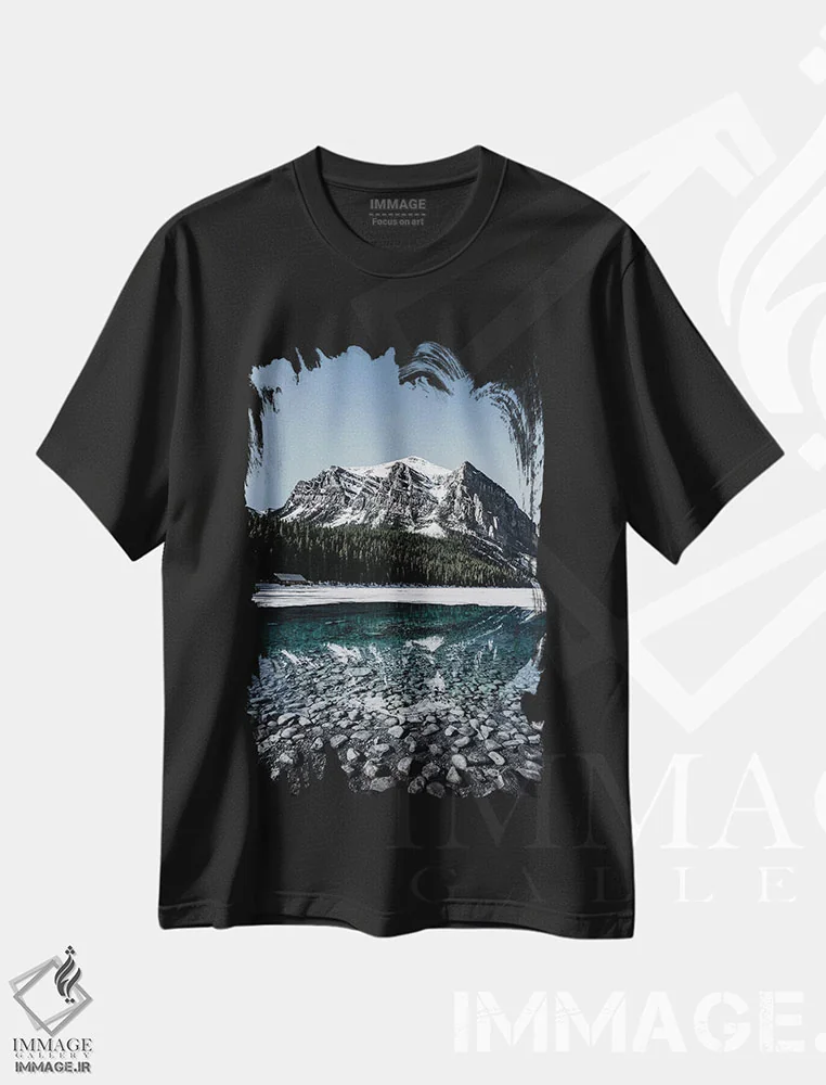 تیشرت مشکی طرح دار انعکاس دریاچه لوئیز، مدیوم اثر لوکاس مور | immage.ir