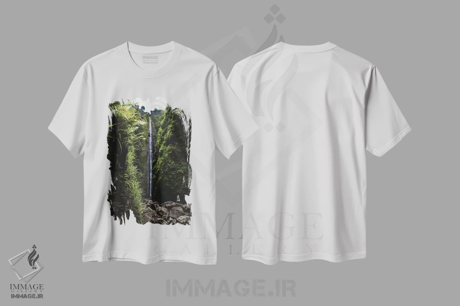 تیشرت سفید طرح دار آبشار سرسبز، مدیوم اثر لوکاس مور | immage.ir