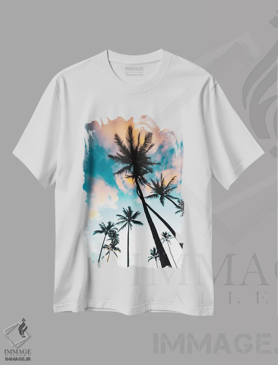 تیشرت سفید طرح دار طلوع خورشید در میان نخل ها، مدیوم اثر لوکاس مور | فروشگاه ایماژ