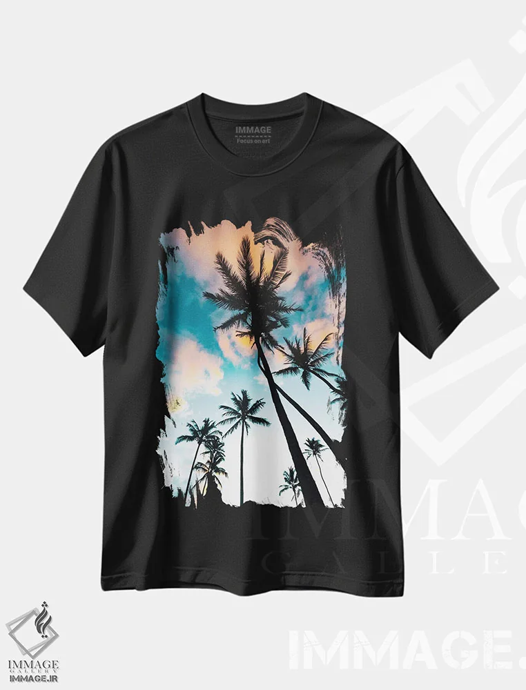 تیشرت مشکی طرح دار طلوع خورشید در میان نخل ها، مدیوم اثر لوکاس مور | immage.ir