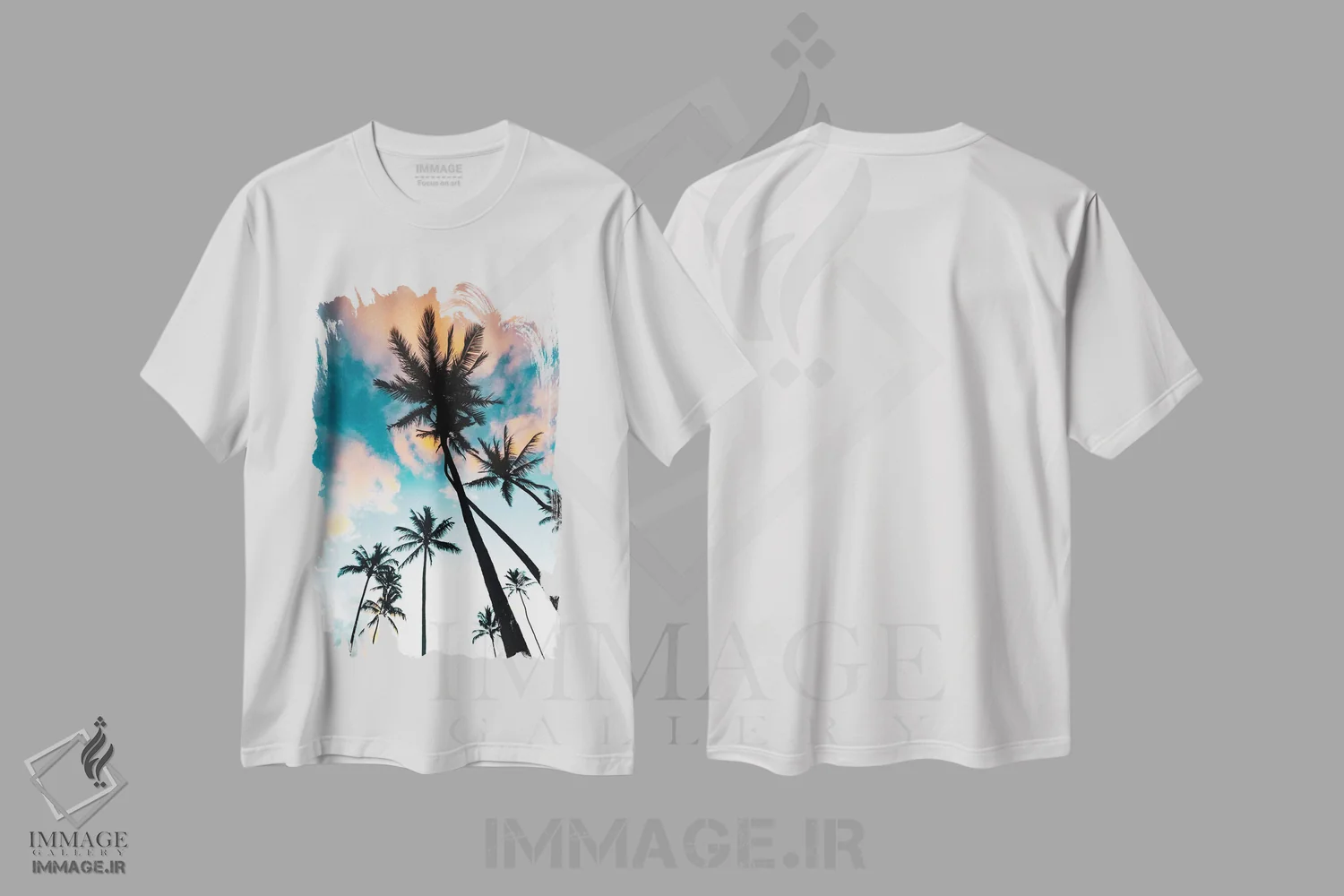 تیشرت سفید طرح دار طلوع خورشید در میان نخل ها، مدیوم اثر لوکاس مور | فروشگاه ایماژ