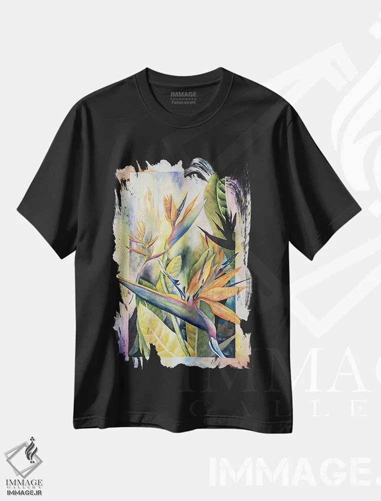 تیشرت مشکی طرح دار پرندگان بهشتی، دکور معاصر اثر لیز کاوینگتون | فروشگاه ایماژ