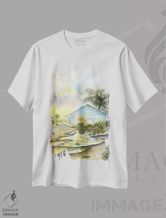 تیشرت سفید طرح دار غروب کارائیب، دکور معاصر اثر لیز کاوینگتون | فروشگاه ایماژ