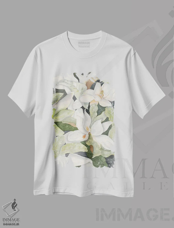 تیشرت سفید طرح دار ماگنولیاها، دکور معاصر اثر لیز کاوینگتون | فروشگاه ایماژ