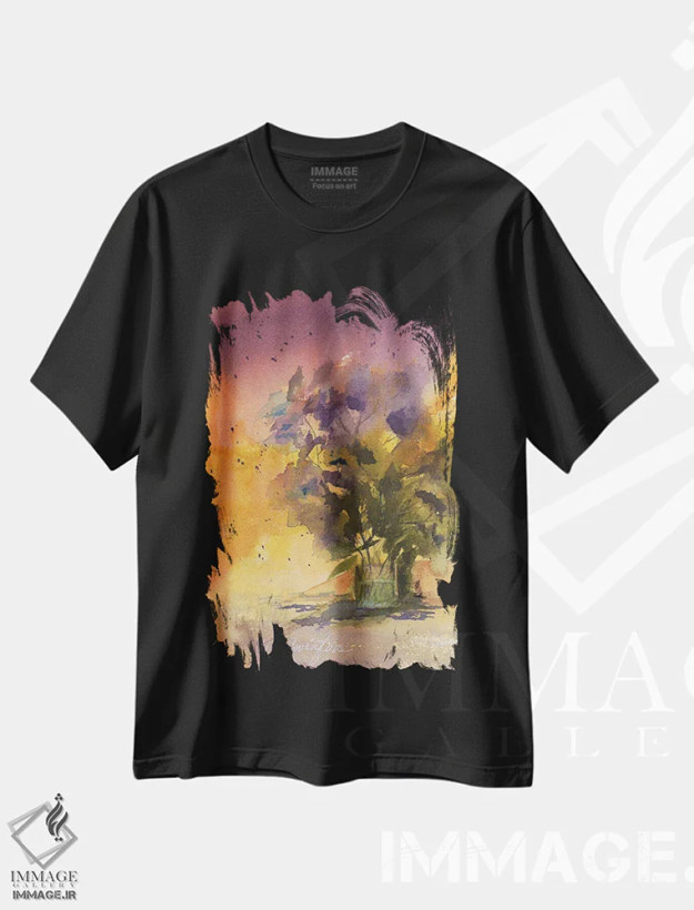 تیشرت مشکی طرح دار بنفشه ها، دکور معاصر اثر لیز کاوینگتون | فروشگاه ایماژ