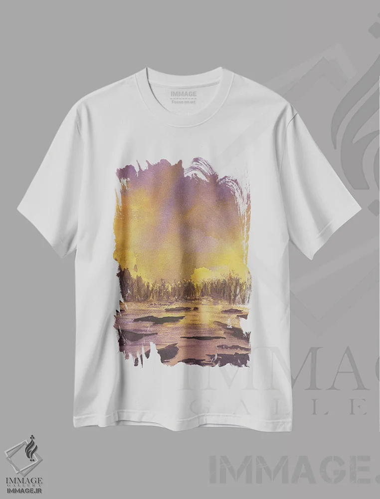 تیشرت سفید طرح دار غروب بنفش، آبستره اثر لیز کاوینگتون | فروشگاه ایماژ
