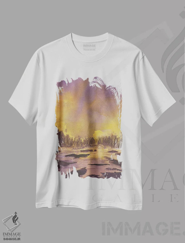 تیشرت سفید طرح دار غروب بنفش، آبستره اثر لیز کاوینگتون | فروشگاه ایماژ