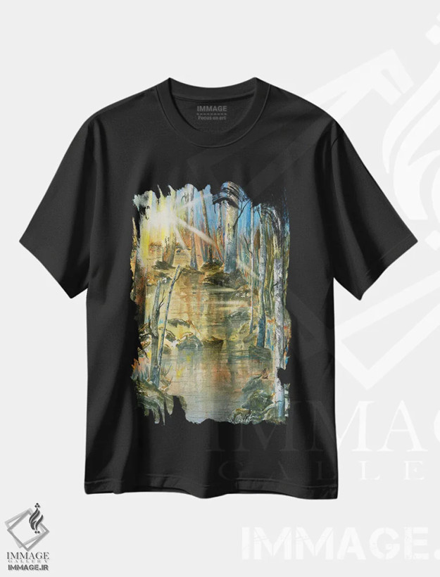 تیشرت مشکی طرح دار غروب پرتوهای خورشید، دکور معاصر اثر لیز کاوینگتون | فروشگاه ایماژ