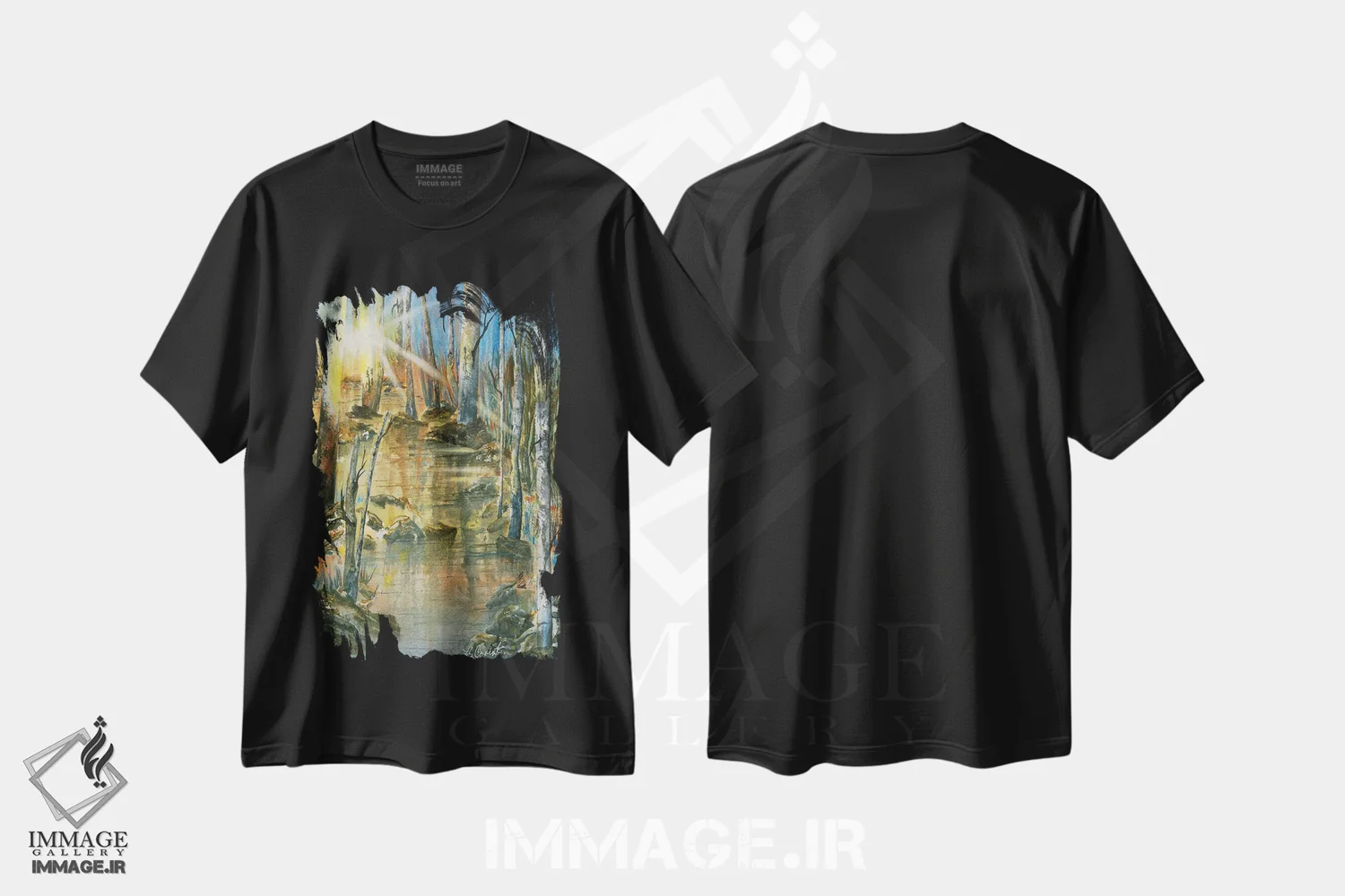 تیشرت مشکی طرح دار غروب پرتوهای خورشید، دکور معاصر اثر لیز کاوینگتون | فروشگاه ایماژ