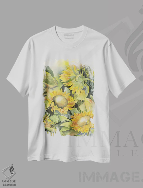 تیشرت سفید طرح دار گل های آفتابگردان ۲، دکور معاصر اثر لیز کاوینگتون | immage.ir