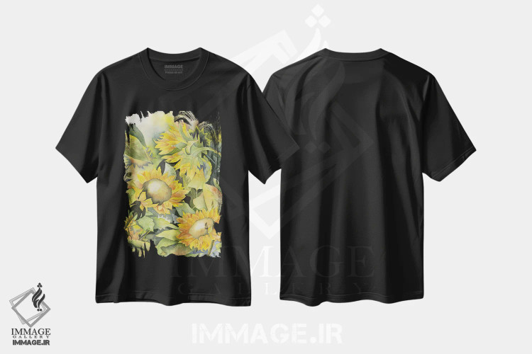 تیشرت مشکی طرح دار گل های آفتابگردان ۲، دکور معاصر اثر لیز کاوینگتون | فروشگاه ایماژ