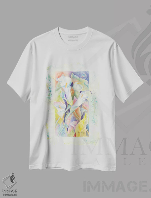 تیشرت سفید طرح دار کالاها با آبرنگ، دکور معاصر اثر لیز کاوینگتون | فروشگاه ایماژ