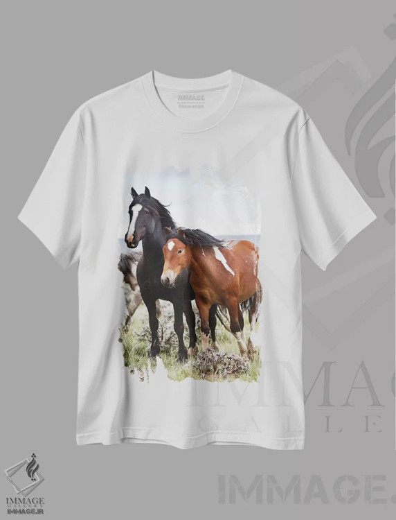 تیشرت سفید طرح دار اسب های وحشی در دشت، کودی، پارک کانتی، وایومینگ، آمریکا، مدیوم اثر لری دیتو | immage.ir