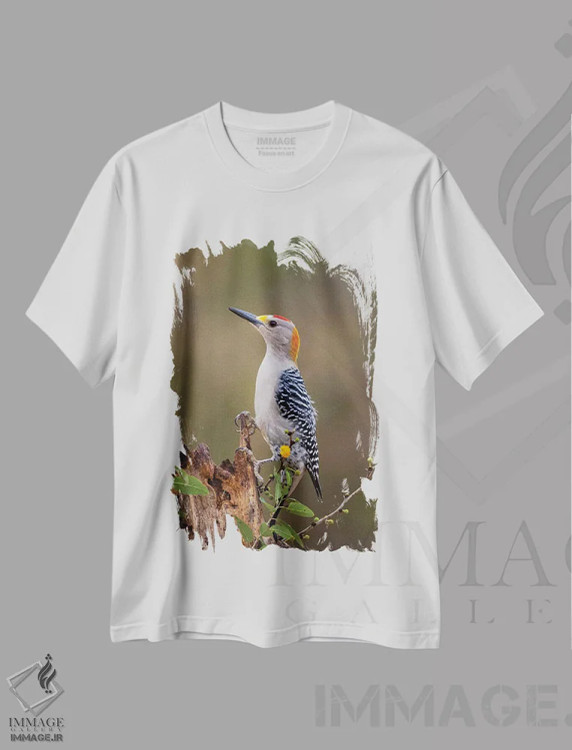 تیشرت سفید طرح دار دارکوب طلایی پیشانیدر حال جستجوی غذا، مدیوم اثر لری دیتو | فروشگاه ایماژ