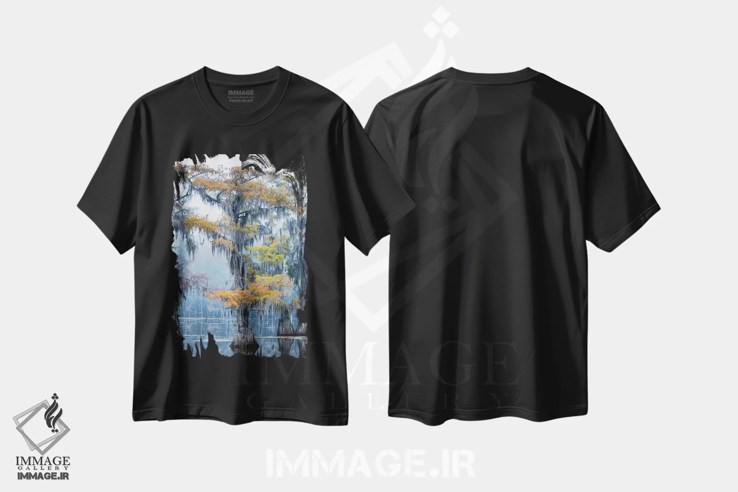 تیشرت مشکی طرح دار سرو باتلاقی در رنگ های پاییز، مدیوم اثر لری دیتو | فروشگاه ایماژ