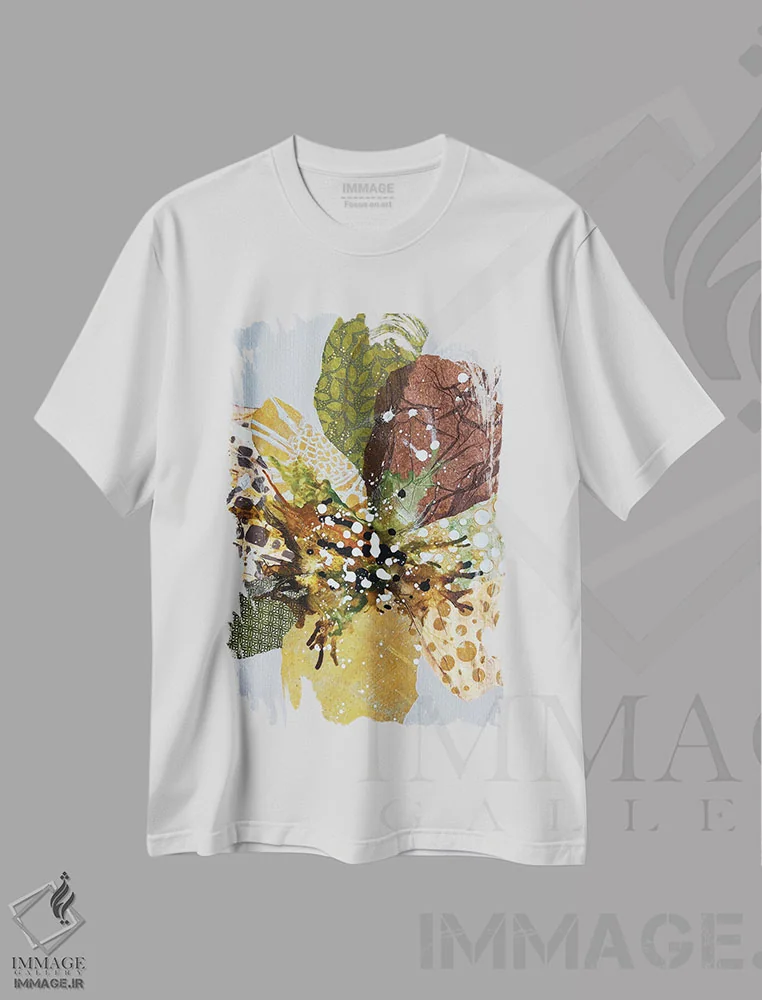 تیشرت سفید طرح دار آبشار انتزاعی خاکی رنگ، دکور معاصر اثر لیان داکینو | فروشگاه ایماژ