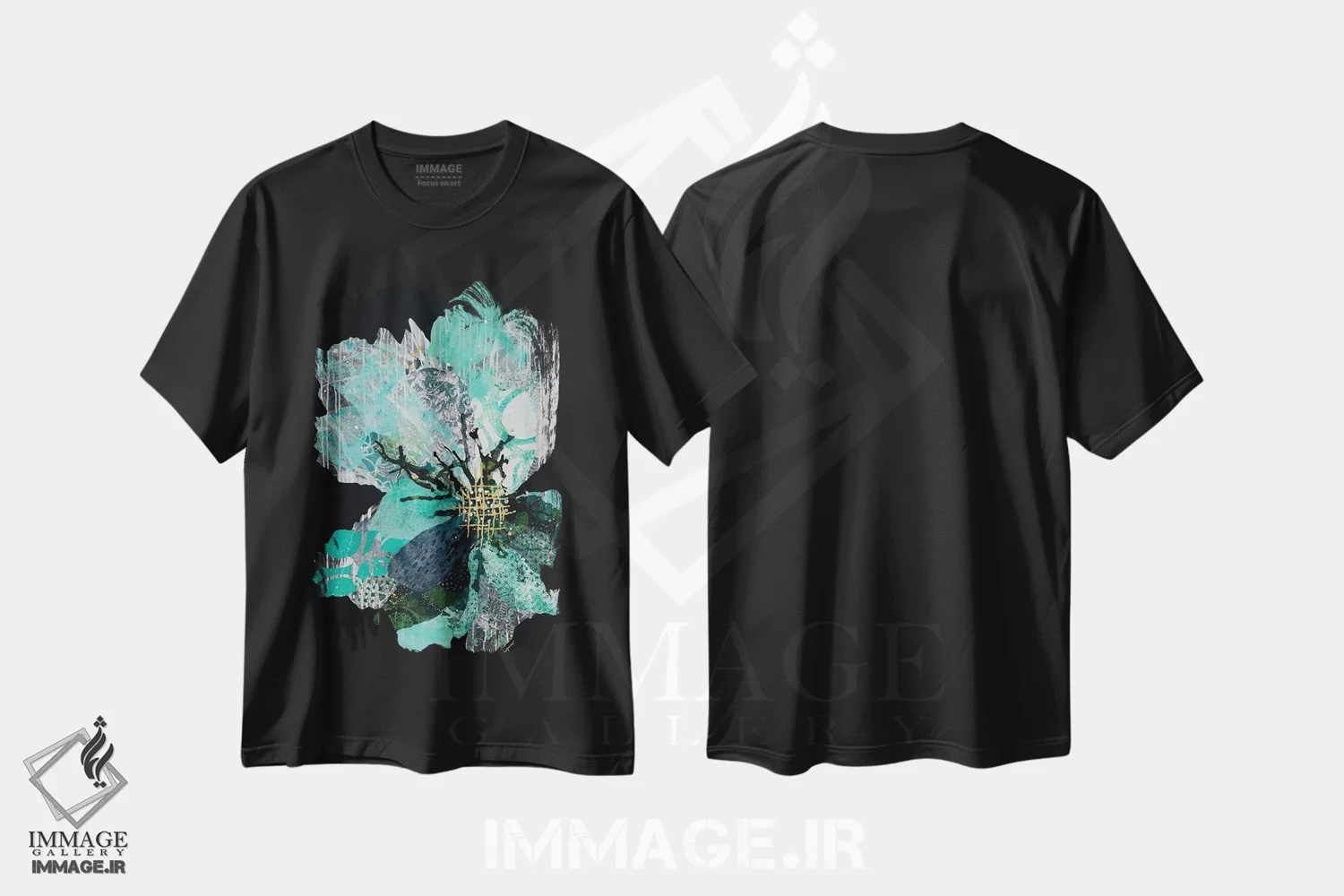 تیشرت مشکی طرح دار چشم انداز خیالی انتزاعی فیروزه ای، دکور معاصر اثر لیان داکینو | فروشگاه ایماژ